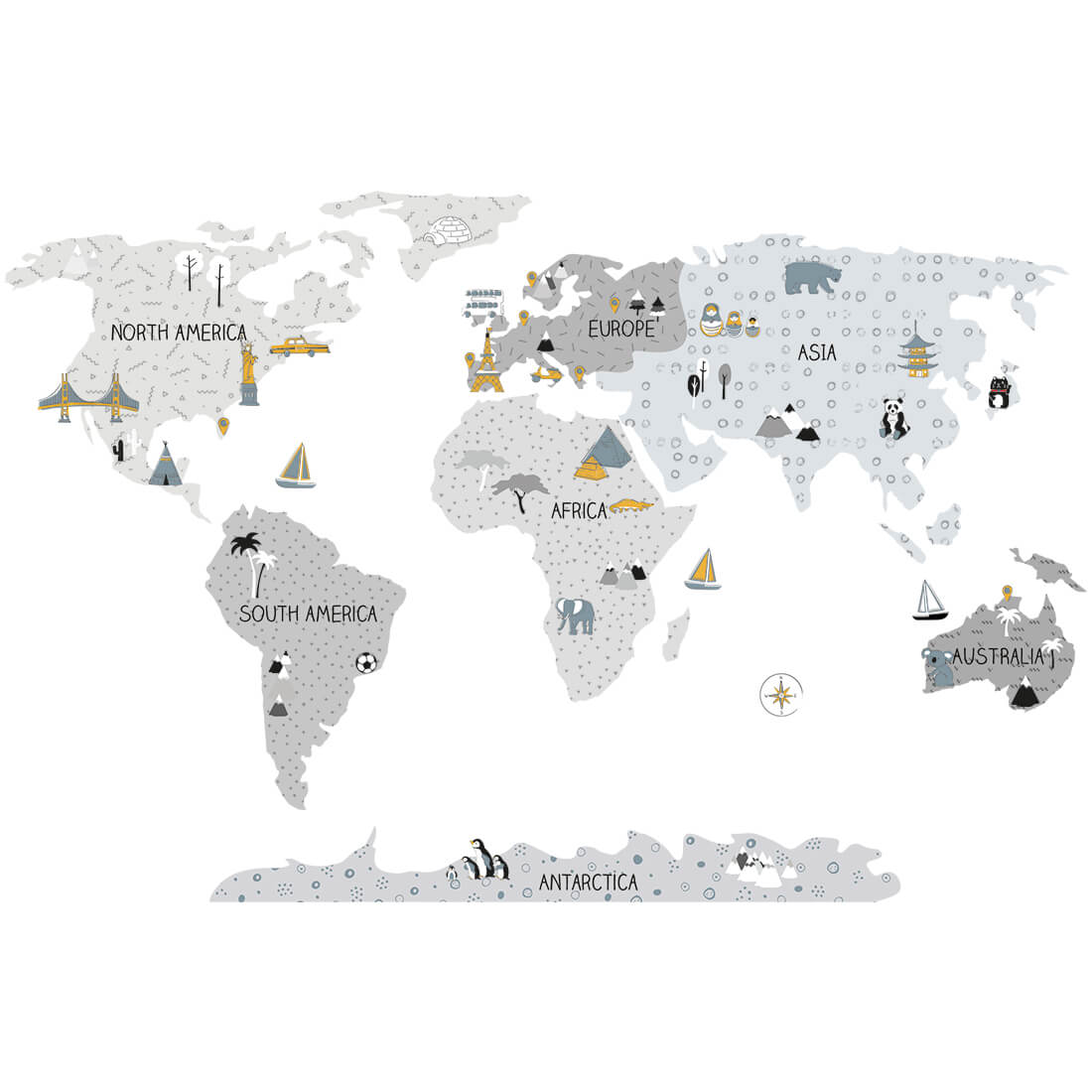 World Map, Grey, Wall Stickers - Le Petit Marché Home Furniture