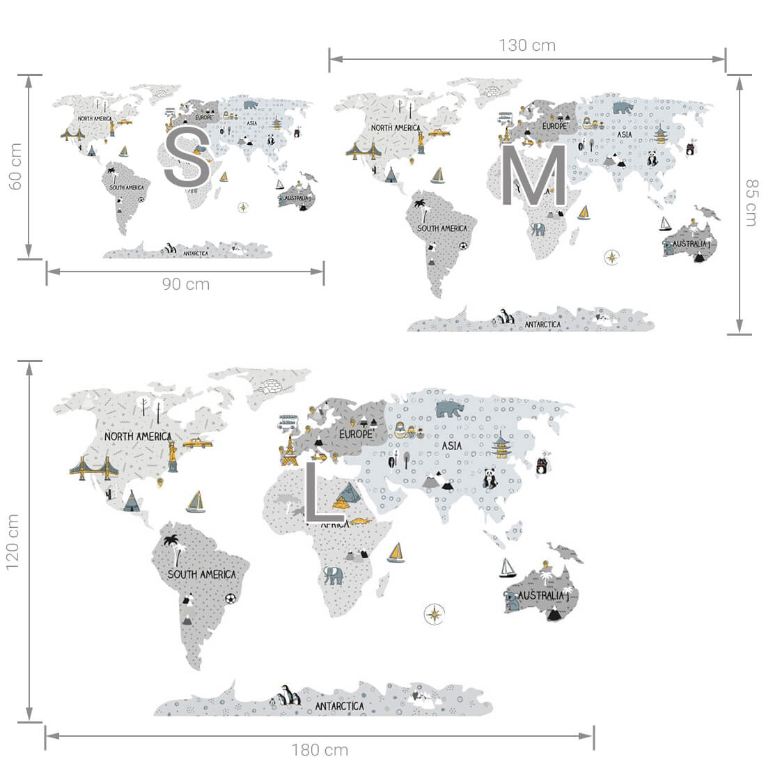 World Map, Grey, Wall Stickers - Le Petit Marché Home Furniture