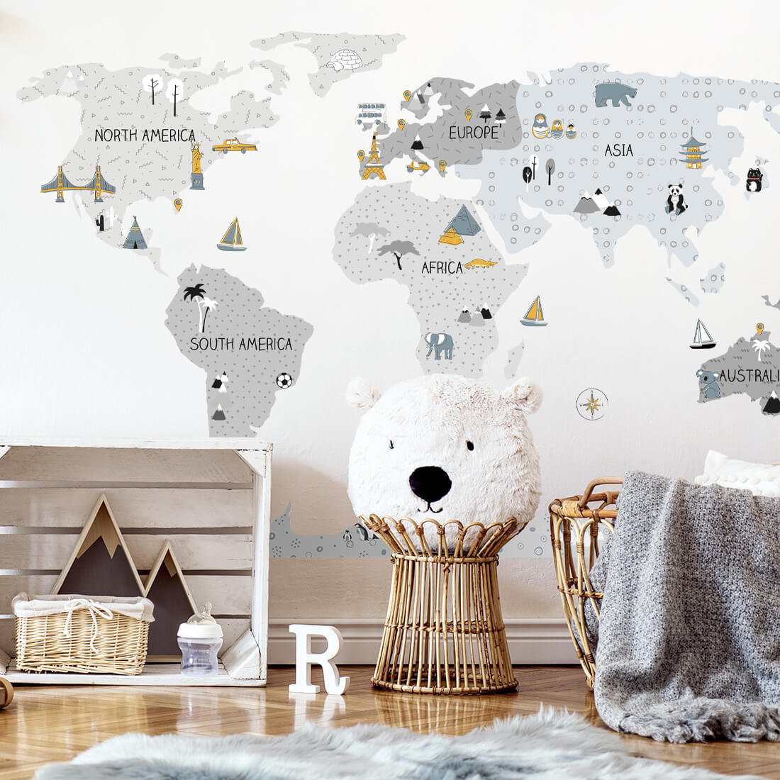 World Map, Grey, Wall Stickers - Le Petit Marché Home Furniture