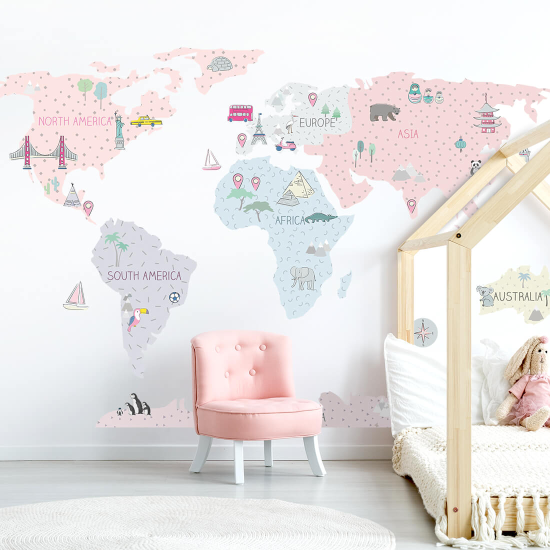 World Map, Pink, Wall Stickers - Le Petit Marché Home Furniture