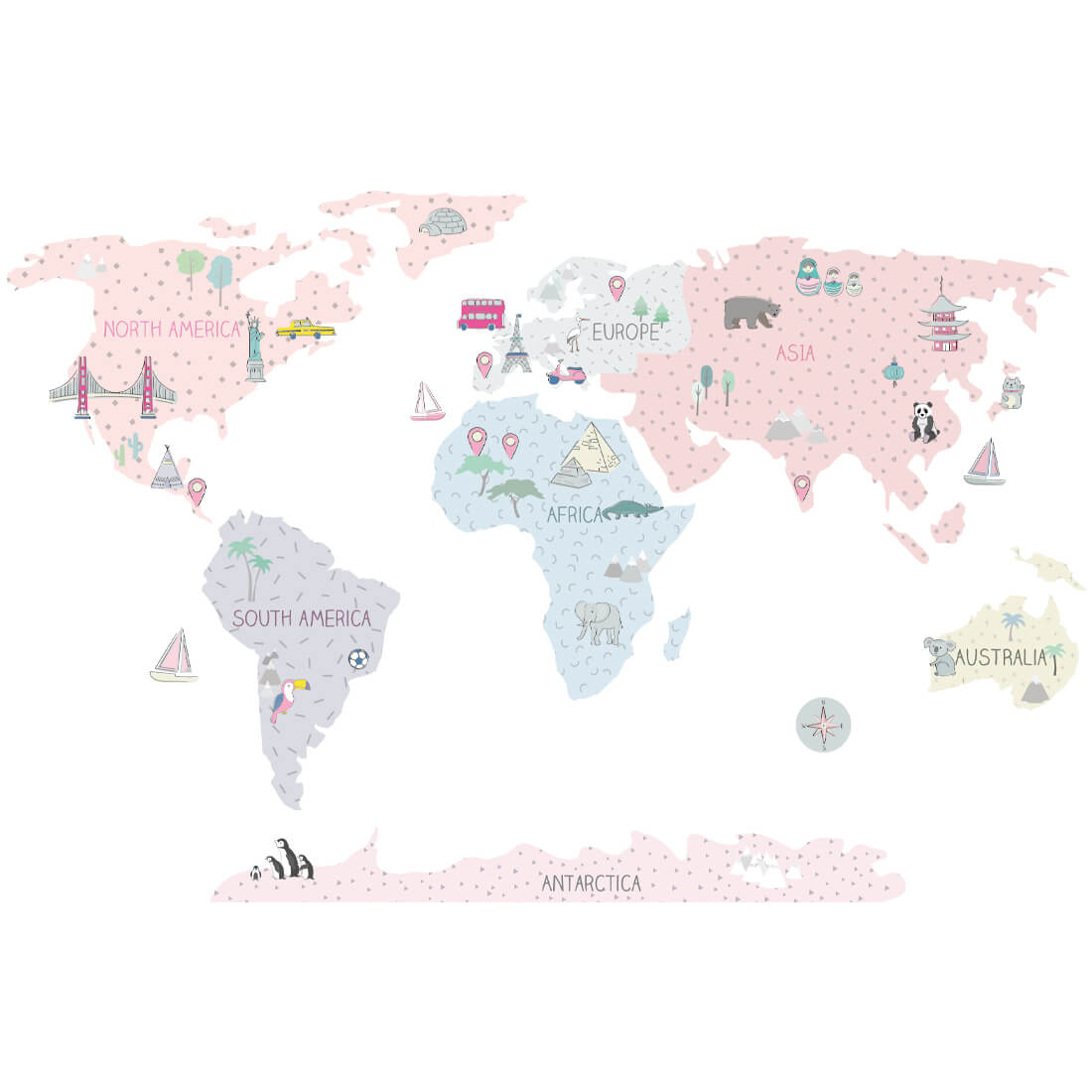 World Map, Pink, Wall Stickers - Le Petit Marché Home Furniture